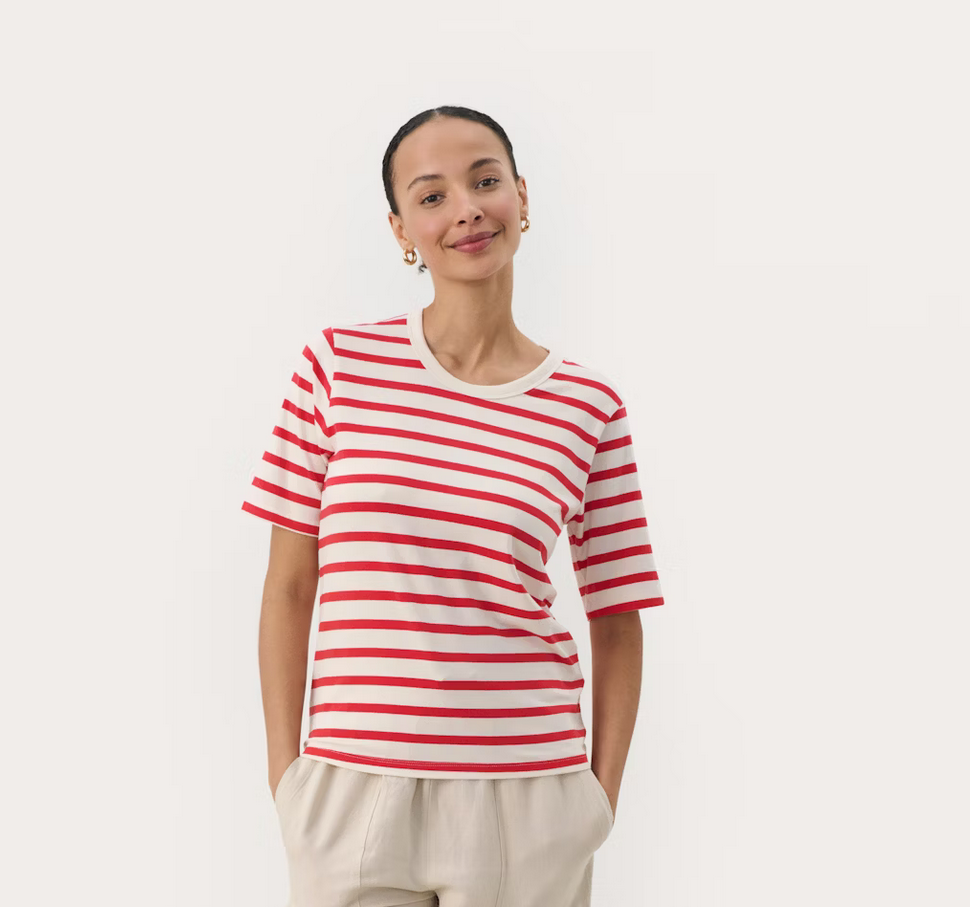 Part Two Tshirt Streep Ecru/Rood