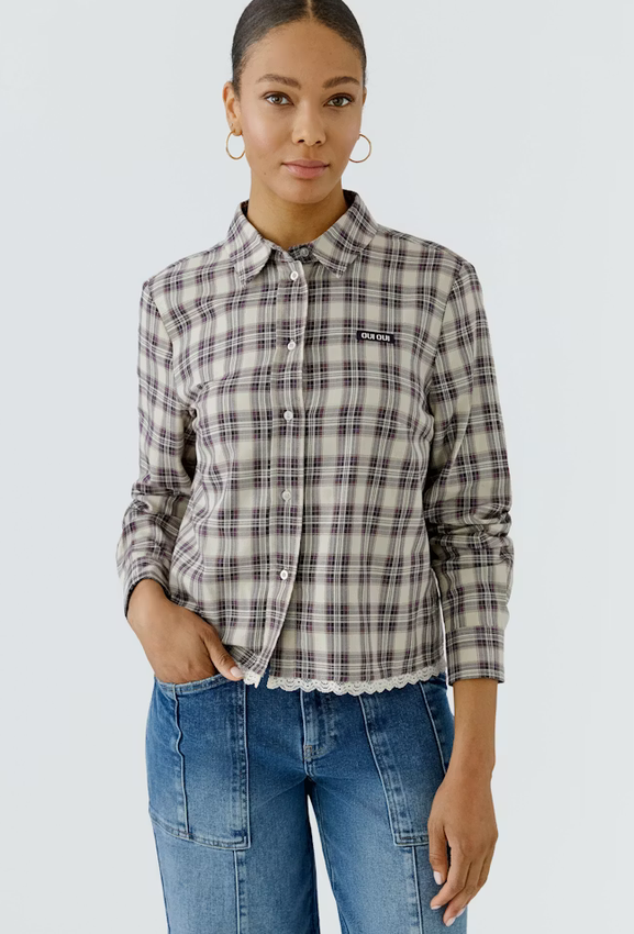 Oui Blouse Ruit Beige/Paars